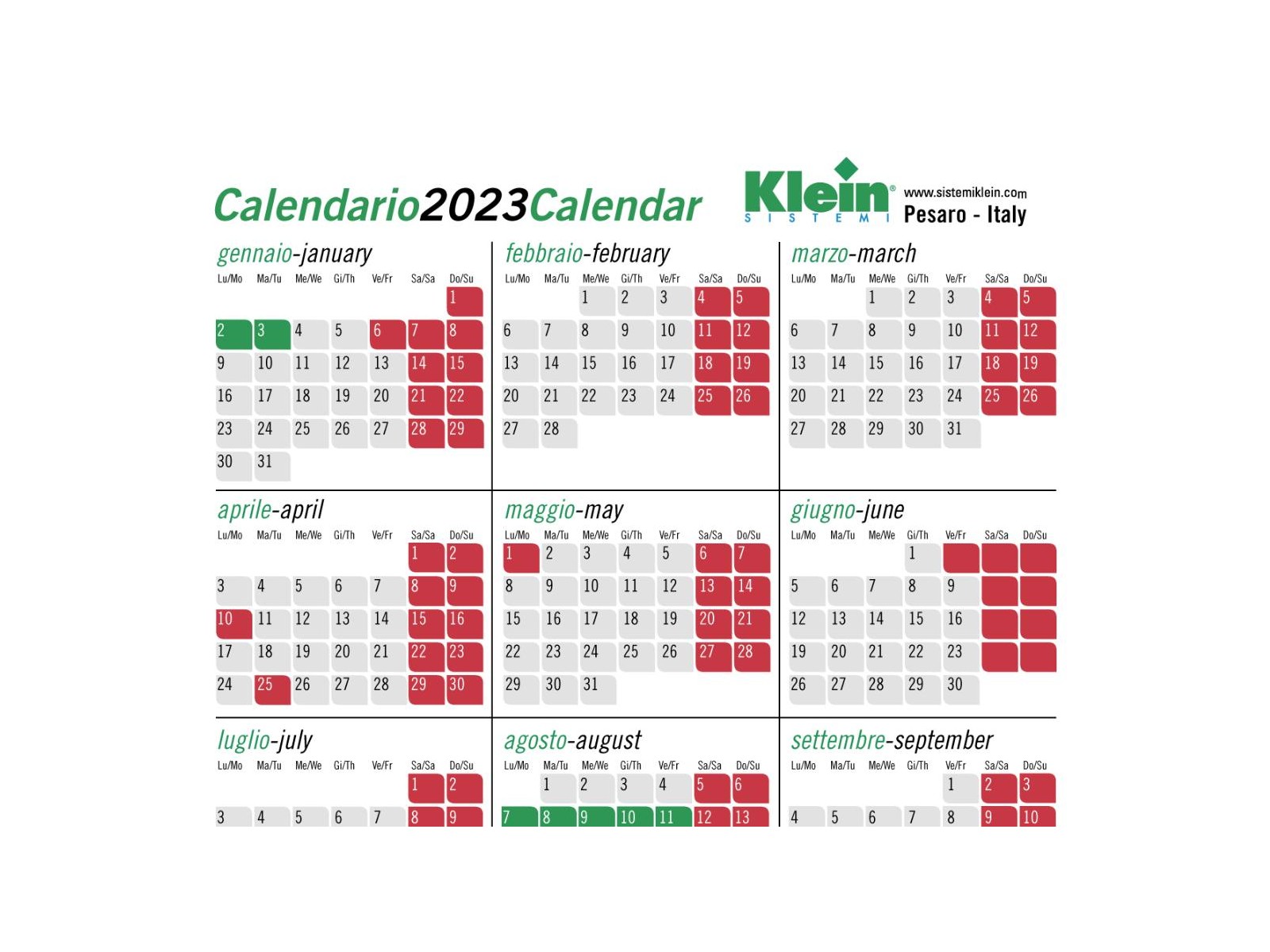 Calendario 2023 SISTEMI Klein® 